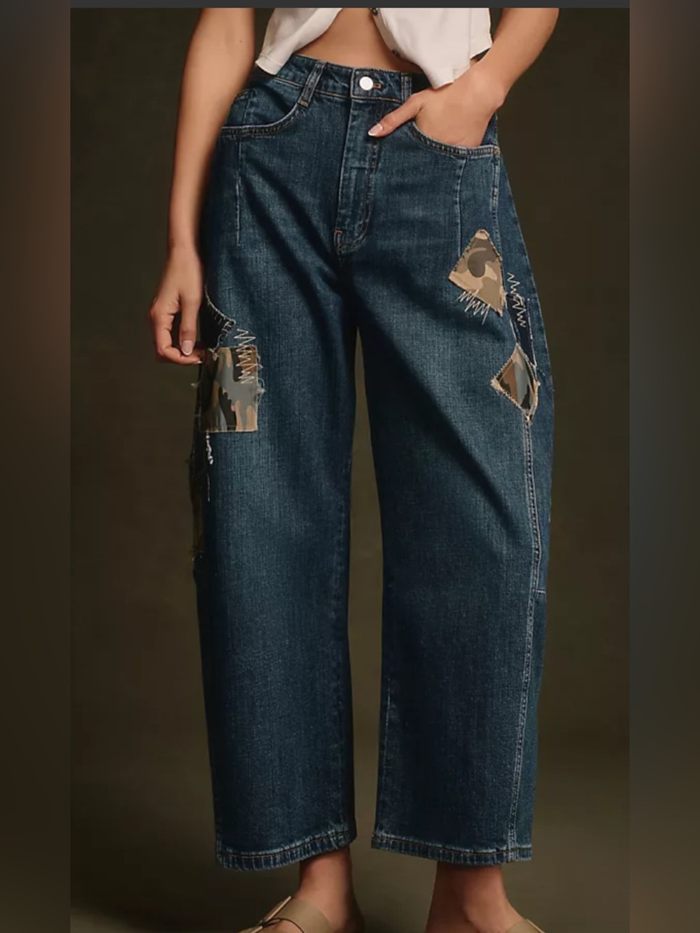 Anthropologie Pilcro Heritage Curve Barrel Jeans Camo Patchwork 27 T